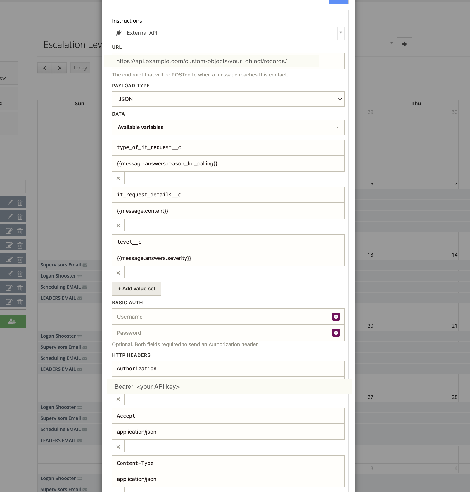 The External API delivery method form: URL, payload type, data value sets mapping fields to message variables, basic auth, and HTTP headers